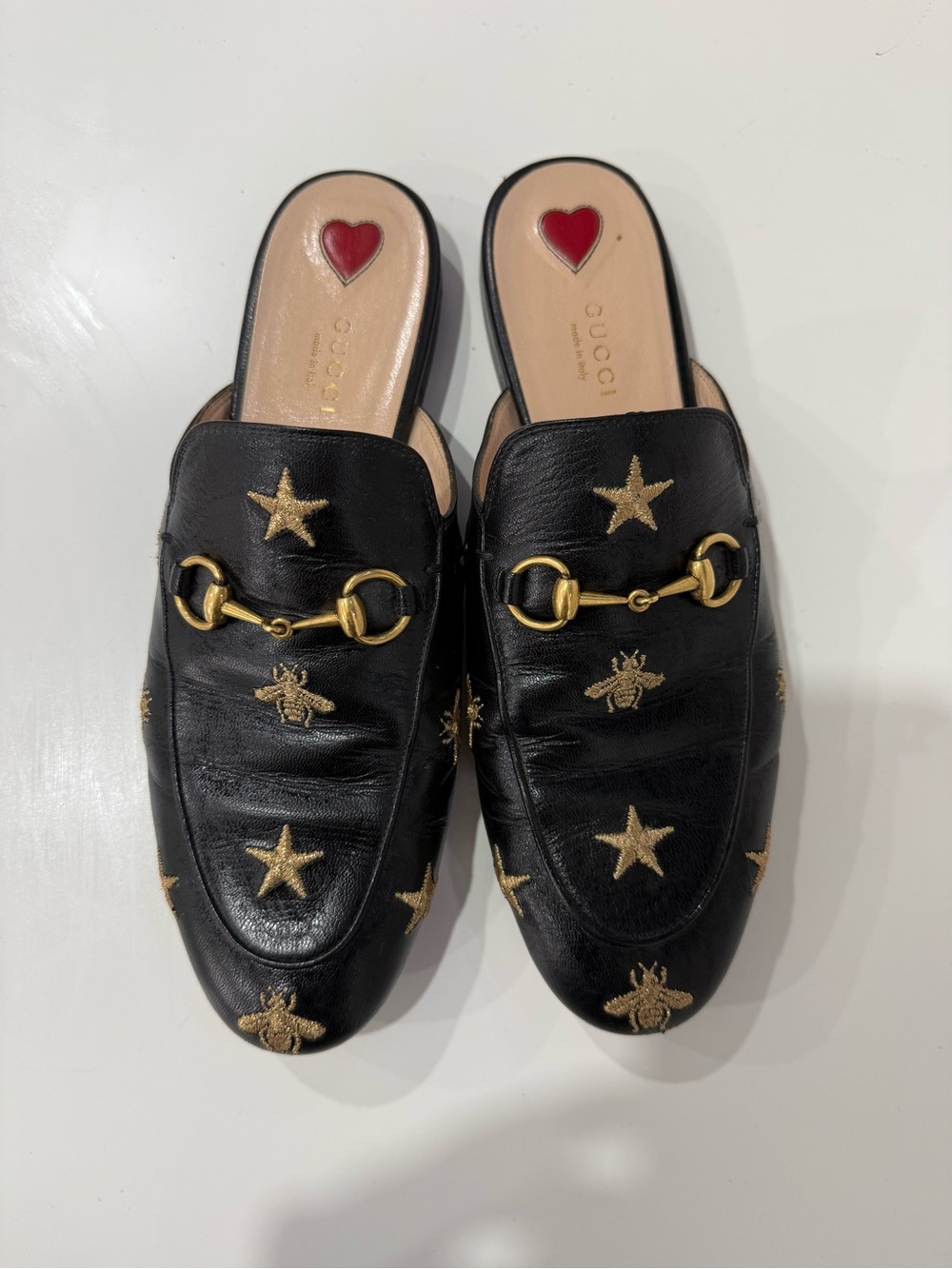 Gucci Black Leather Embroidered Bee & Star Horsebit Mules